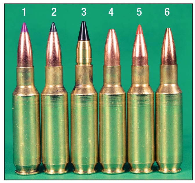 Lightweight bullets tested include the (1) Nosler 55-grain Ballistic Tip Varmint, (2) Nosler 55 Varmageddon, (3) Cutting Edge 55 ESP Raptor, (4) Barnes 58 Varmin-A-Tor, (5) Hornady 58 V-MAX and the (6) Berger 60-grain FB Varmint.